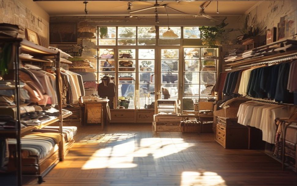 Cozy vintage boutique interior with racks of curated clothing and antique displays