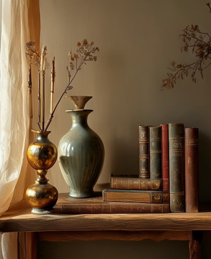Vintage ceramic vase and brass candlestick still life
